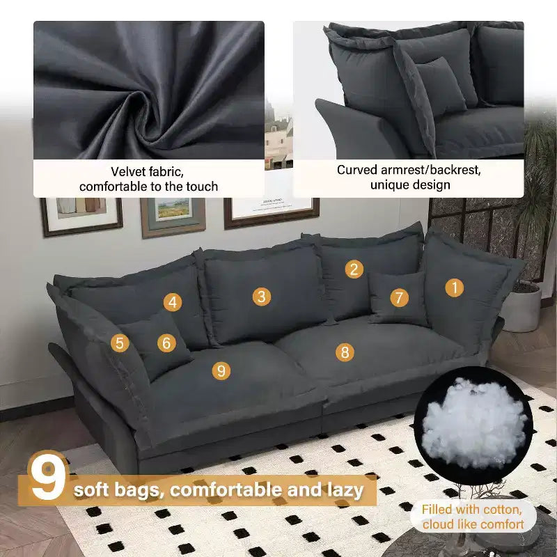 Canapé Moderne Confortable Rembourré "Cloud Couch", Canapé Profond avec Plusieurs Grands Coussins Gris