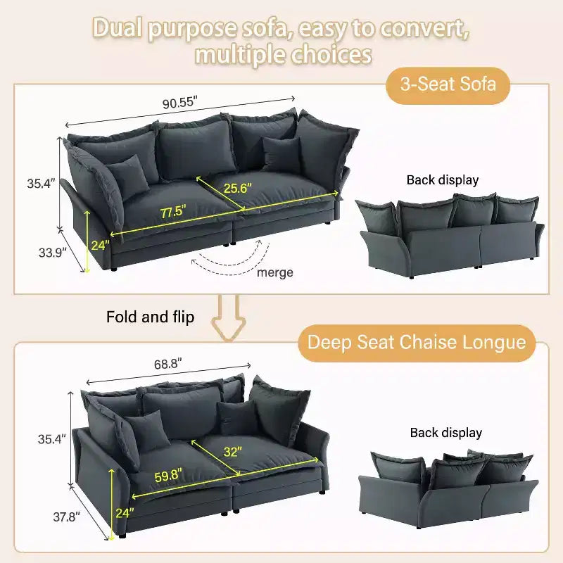 Canapé Moderne Confortable Rembourré "Cloud Couch", Canapé Profond avec Plusieurs Grands Coussins Gris
